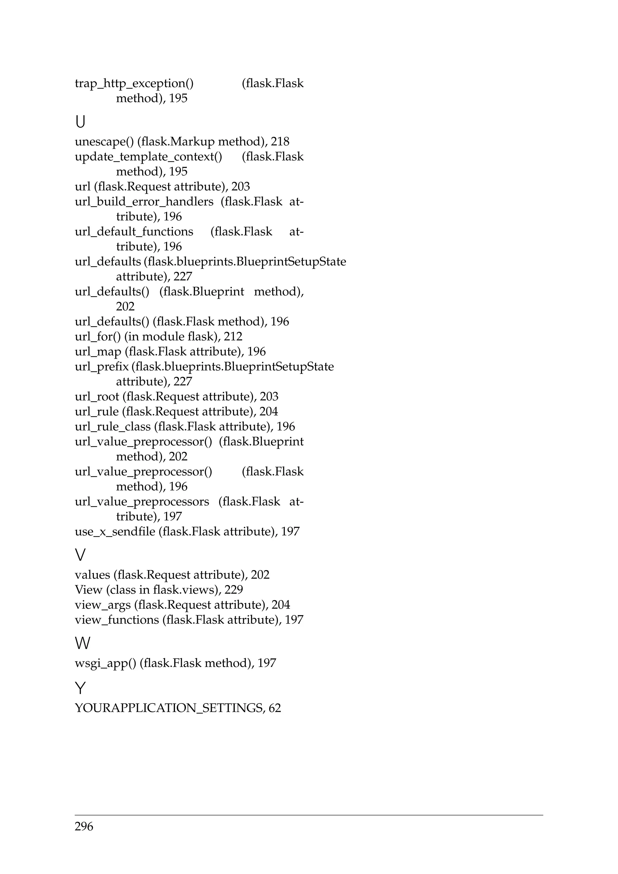 trap_http_exception() (ﬂask.Flask
method), 195
U
unescape() (ﬂask.Markup method), 218
update_template_context() (ﬂask.Flask
method), 195
url (ﬂask.Request attribute), 203
url_build_error_handlers (ﬂask.Flask at-
tribute), 196
url_default_functions (ﬂask.Flask at-
tribute), 196
url_defaults (ﬂask.blueprints.BlueprintSetupState
attribute), 227
url_defaults() (ﬂask.Blueprint method),
202
url_defaults() (ﬂask.Flask method), 196
url_for() (in module ﬂask), 212
url_map (ﬂask.Flask attribute), 196
url_preﬁx (ﬂask.blueprints.BlueprintSetupState
attribute), 227
url_root (ﬂask.Request attribute), 203
url_rule (ﬂask.Request attribute), 204
url_rule_class (ﬂask.Flask attribute), 196
url_value_preprocessor() (ﬂask.Blueprint
method), 202
url_value_preprocessor() (ﬂask.Flask
method), 196
url_value_preprocessors (ﬂask.Flask at-
tribute), 197
use_x_sendﬁle (ﬂask.Flask attribute), 197
V
values (ﬂask.Request attribute), 202
View (class in ﬂask.views), 229
view_args (ﬂask.Request attribute), 204
view_functions (ﬂask.Flask attribute), 197
W
wsgi_app() (ﬂask.Flask method), 197
Y
YOURAPPLICATION_SETTINGS, 62
296
 