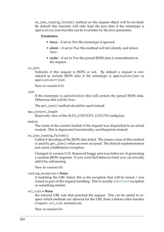 on_json_loading_failed() method on the request object will be invoked.
By default this function will only load the json data if the mimetype is
application/json but this can be overriden by the force parameter.
Parameters
• force – if set to True the mimetype is ignored.
• silent – if set to True this method will fail silently and return
None.
• cache – if set to True the parsed JSON data is remembered on
the request.
is_json
Indicates if this request is JSON or not. By default a request is con-
sidered to include JSON data if the mimetype is application/json or
application/*+json.
New in version 0.11.
json
If the mimetype is application/json this will contain the parsed JSON data.
Otherwise this will be None.
The get_json() method should be used instead.
max_content_length
Read-only view of the MAX_CONTENT_LENGTH conﬁg key.
module
The name of the current module if the request was dispatched to an actual
module. This is deprecated functionality, use blueprints instead.
on_json_loading_failed(e)
Called if decoding of the JSON data failed. The return value of this method
is used by get_json() when an error occurred. The default implementation
just raises a BadRequest exception.
Changed in version 0.10: Removed buggy previous behavior of generating
a random JSON response. If you want that behavior back you can trivially
add it by subclassing.
New in version 0.8.
routing_exception = None
if matching the URL failed, this is the exception that will be raised / was
raised as part of the request handling. This is usually a NotFound exception
or something similar.
url_rule = None
the internal URL rule that matched the request. This can be useful to in-
spect which methods are allowed for the URL from a before/after handler
(request.url_rule.methods) etc.
New in version 0.6.
204
 
