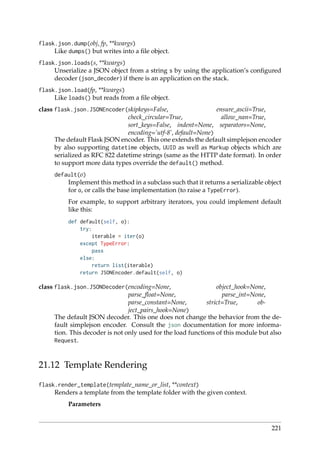 flask.json.dump(obj, fp, **kwargs)
Like dumps() but writes into a ﬁle object.
flask.json.loads(s, **kwargs)
Unserialize a JSON object from a string s by using the application’s conﬁgured
decoder (json_decoder) if there is an application on the stack.
flask.json.load(fp, **kwargs)
Like loads() but reads from a ﬁle object.
class flask.json.JSONEncoder(skipkeys=False, ensure_ascii=True,
check_circular=True, allow_nan=True,
sort_keys=False, indent=None, separators=None,
encoding=’utf-8’, default=None)
The default Flask JSON encoder. This one extends the default simplejson encoder
by also supporting datetime objects, UUID as well as Markup objects which are
serialized as RFC 822 datetime strings (same as the HTTP date format). In order
to support more data types override the default() method.
default(o)
Implement this method in a subclass such that it returns a serializable object
for o, or calls the base implementation (to raise a TypeError).
For example, to support arbitrary iterators, you could implement default
like this:
def default(self, o):
try:
iterable = iter(o)
except TypeError:
pass
else:
return list(iterable)
return JSONEncoder.default(self, o)
class flask.json.JSONDecoder(encoding=None, object_hook=None,
parse_ﬂoat=None, parse_int=None,
parse_constant=None, strict=True, ob-
ject_pairs_hook=None)
The default JSON decoder. This one does not change the behavior from the de-
fault simplejson encoder. Consult the json documentation for more informa-
tion. This decoder is not only used for the load functions of this module but also
Request.
21.12 Template Rendering
flask.render_template(template_name_or_list, **context)
Renders a template from the template folder with the given context.
Parameters
221
 