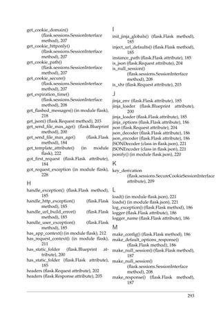 get_cookie_domain()
(ﬂask.sessions.SessionInterface
method), 207
get_cookie_httponly()
(ﬂask.sessions.SessionInterface
method), 207
get_cookie_path()
(ﬂask.sessions.SessionInterface
method), 207
get_cookie_secure()
(ﬂask.sessions.SessionInterface
method), 207
get_expiration_time()
(ﬂask.sessions.SessionInterface
method), 208
get_ﬂashed_messages() (in module ﬂask),
218
get_json() (ﬂask.Request method), 203
get_send_ﬁle_max_age() (ﬂask.Blueprint
method), 200
get_send_ﬁle_max_age() (ﬂask.Flask
method), 184
get_template_attribute() (in module
ﬂask), 222
got_ﬁrst_request (ﬂask.Flask attribute),
184
got_request_exception (in module ﬂask),
228
H
handle_exception() (ﬂask.Flask method),
185
handle_http_exception() (ﬂask.Flask
method), 185
handle_url_build_error() (ﬂask.Flask
method), 185
handle_user_exception() (ﬂask.Flask
method), 185
has_app_context() (in module ﬂask), 212
has_request_context() (in module ﬂask),
211
has_static_folder (ﬂask.Blueprint at-
tribute), 200
has_static_folder (ﬂask.Flask attribute),
185
headers (ﬂask.Request attribute), 202
headers (ﬂask.Response attribute), 205
I
init_jinja_globals() (ﬂask.Flask method),
185
inject_url_defaults() (ﬂask.Flask method),
185
instance_path (ﬂask.Flask attribute), 185
is_json (ﬂask.Request attribute), 204
is_null_session()
(ﬂask.sessions.SessionInterface
method), 208
is_xhr (ﬂask.Request attribute), 203
J
jinja_env (ﬂask.Flask attribute), 185
jinja_loader (ﬂask.Blueprint attribute),
200
jinja_loader (ﬂask.Flask attribute), 185
jinja_options (ﬂask.Flask attribute), 186
json (ﬂask.Request attribute), 204
json_decoder (ﬂask.Flask attribute), 186
json_encoder (ﬂask.Flask attribute), 186
JSONDecoder (class in ﬂask.json), 221
JSONEncoder (class in ﬂask.json), 221
jsonify() (in module ﬂask.json), 220
K
key_derivation
(ﬂask.sessions.SecureCookieSessionInterface
attribute), 209
L
load() (in module ﬂask.json), 221
loads() (in module ﬂask.json), 221
log_exception() (ﬂask.Flask method), 186
logger (ﬂask.Flask attribute), 186
logger_name (ﬂask.Flask attribute), 186
M
make_conﬁg() (ﬂask.Flask method), 186
make_default_options_response()
(ﬂask.Flask method), 186
make_null_session() (ﬂask.Flask method),
187
make_null_session()
(ﬂask.sessions.SessionInterface
method), 208
make_response() (ﬂask.Flask method),
187
293
 