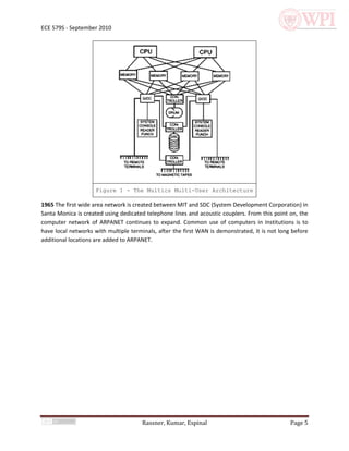 ECE 579S - September 2010




                     Figure 1 - The Multics Multi-User Architecture

1965 The first wide area network is created between MIT and SDC (System Development Corporation) in
Santa Monica is created using dedicated telephone lines and acoustic couplers. From this point on, the
computer network of ARPANET continues to expand. Common use of computers in Institutions is to
have local networks with multiple terminals, after the first WAN is demonstrated, it is not long before
additional locations are added to ARPANET.




                                      Rassner, Kumar, Espinal                                   Page 5
 