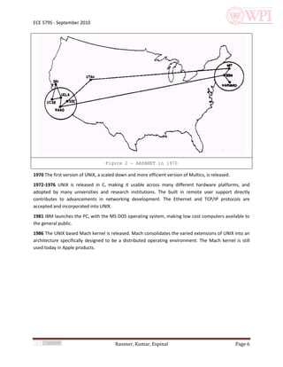 ECE 579S - September 2010




                                   Figure 2 - ARPANET in 1970

1970 The first version of UNIX, a scaled down and more efficient version of Multics, is released.
1972-1976 UNIX is released in C, making it usable across many different hardware platforms, and
adopted by many universities and research institutions. The built in remote user support directly
contributes to advancements in networking development. The Ethernet and TCP/IP protocols are
accepted and incorporated into UNIX.
1981 IBM launches the PC, with the MS DOS operating system, making low cost computers available to
the general public.
1986 The UNIX based Mach kernel is released. Mach consolidates the varied extensions of UNIX into an
architecture specifically designed to be a distributed operating environment. The Mach kernel is still
used today in Apple products.




                                        Rassner, Kumar, Espinal                                     Page 6
 