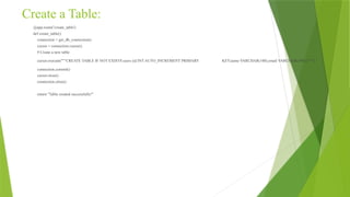 Create a Table:
@app.route('/create_table')
def create_table():
connection = get_db_connection()
cursor = connection.cursor()
# Create a new table
cursor.execute("""CREATE TABLE IF NOT EXISTS users (id INT AUTO_INCREMENT PRIMARY KEY,name VARCHAR(100),email VARCHAR(100) ) """)
connection.commit()
cursor.close()
connection.close()
return "Table created successfully!"
 