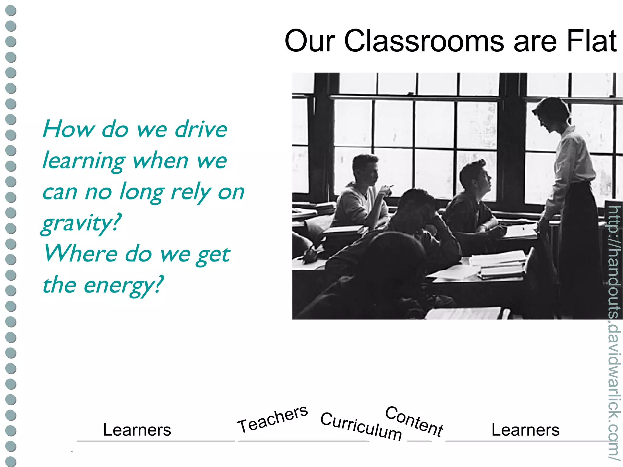 Our Classrooms are Flat http://handouts.davidwarlick.com/ How do we drive learning when we can no long rely on gravity? Where do we get the energy? Learners Learners Curriculum, Content & Teachers Gravity Gravity Learners Learners Curriculum Content Teachers 