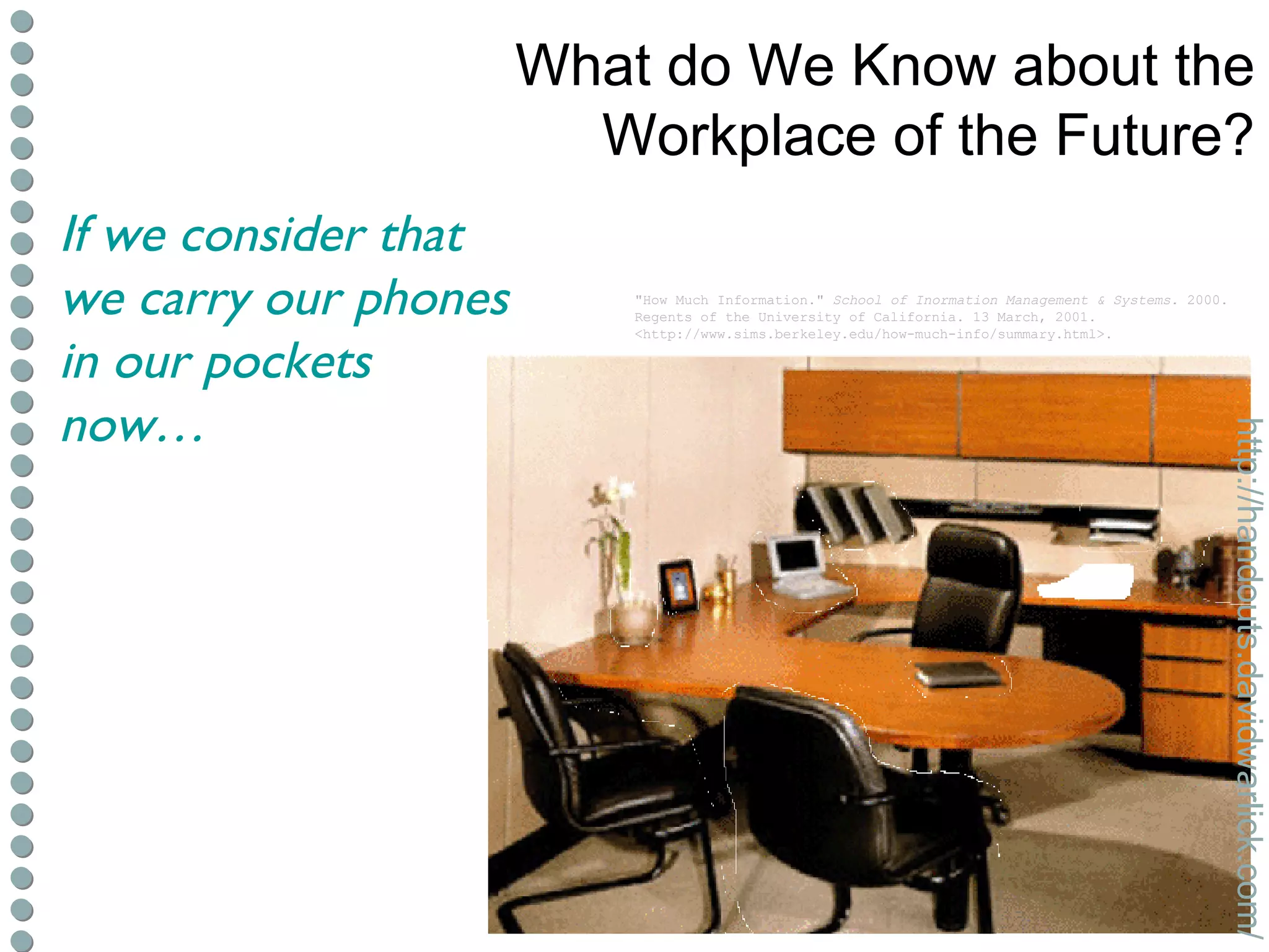 What do We Know about the Workplace of the Future? "How Much Information."  School of Inormation Management & Systems . 2000. Regents of the University of California. 13 March, 2001. <http://www.sims.berkeley.edu/how-much-info/summary.html>. If we consider that we carry our phones in our pockets now… http://handouts.davidwarlick.com/ 