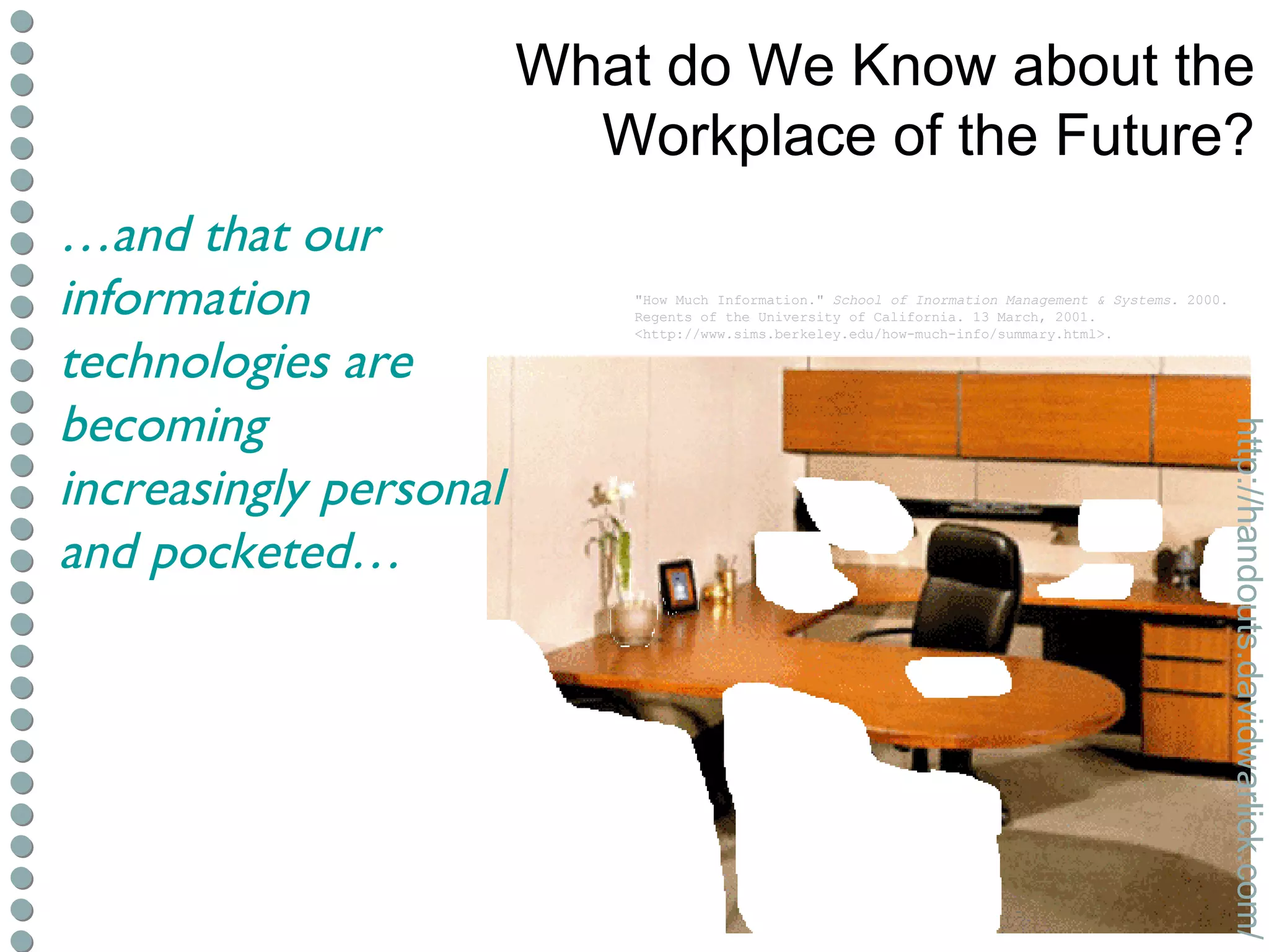 What do We Know about the Workplace of the Future? "How Much Information."  School of Inormation Management & Systems . 2000. Regents of the University of California. 13 March, 2001. <http://www.sims.berkeley.edu/how-much-info/summary.html>. … and that our information technologies are becoming increasingly personal and pocketed… http://handouts.davidwarlick.com/ 