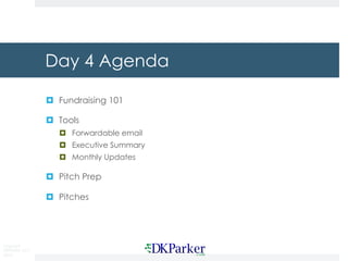 Copyright
DKParker, LLC
2019
Day 4 Agenda
¤ Fundraising 101
¤ Tools
¤ Forwardable email
¤ Executive Summary
¤ Monthly Updates
¤ Pitch Prep
¤ Pitches
 