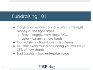 Copyright
DKParker, LLC
2019
Fundraising 101
● Stage appropriate capital = what’s the right
money at the right time?
○ Early – Angels, early stage VCs,
○ Later – Large venture funds
● Control shifts – Board roles, deal terms
● Dilution: every round of funding you will sell 25-
35% of new shares
● Bad boards = bad enterprise value
 