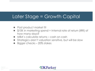 Copyright
DKParker, LLC
2019
Later Stage = Growth Capital
● Post product market fit
● $10K in marketing spend = Internal rate of return (IRR) of
how many days?
● MBA’s calculate returns – cash on cash
● Strategics aren’t valuation sensitive, but will be slow
● Bigger checks – 20% stakes
 
