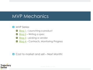 Copyright, DKParker, LLC 2020
MVP Mechanics
¤ MVP Series
¤ Blog 1 – Launching a product
¤ Blog 2 – Writing a spec
¤ Blog 3 – picking a vendor
¤ Blog 4 – Contracts, Monitoring Progress
¤ Cost to market and sell – Next Month!
 
