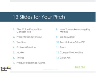 Copyright, DKParker, LLC 2020
13 Slides for Your Pitch
1. Title, Value Proposition,
Contact Info
2. Presentation Overview
3. Traction
4. Problem/Solution
5. Market
6. Timing
7. Product Roadmap/Demo
8. How You Make Money/Key
Metrics
9. Go-To-Market
10. Secret Sauce/Moat/IP
11. Team
12. Competitive Analysis
13. Clear Ask
Blog Post
 