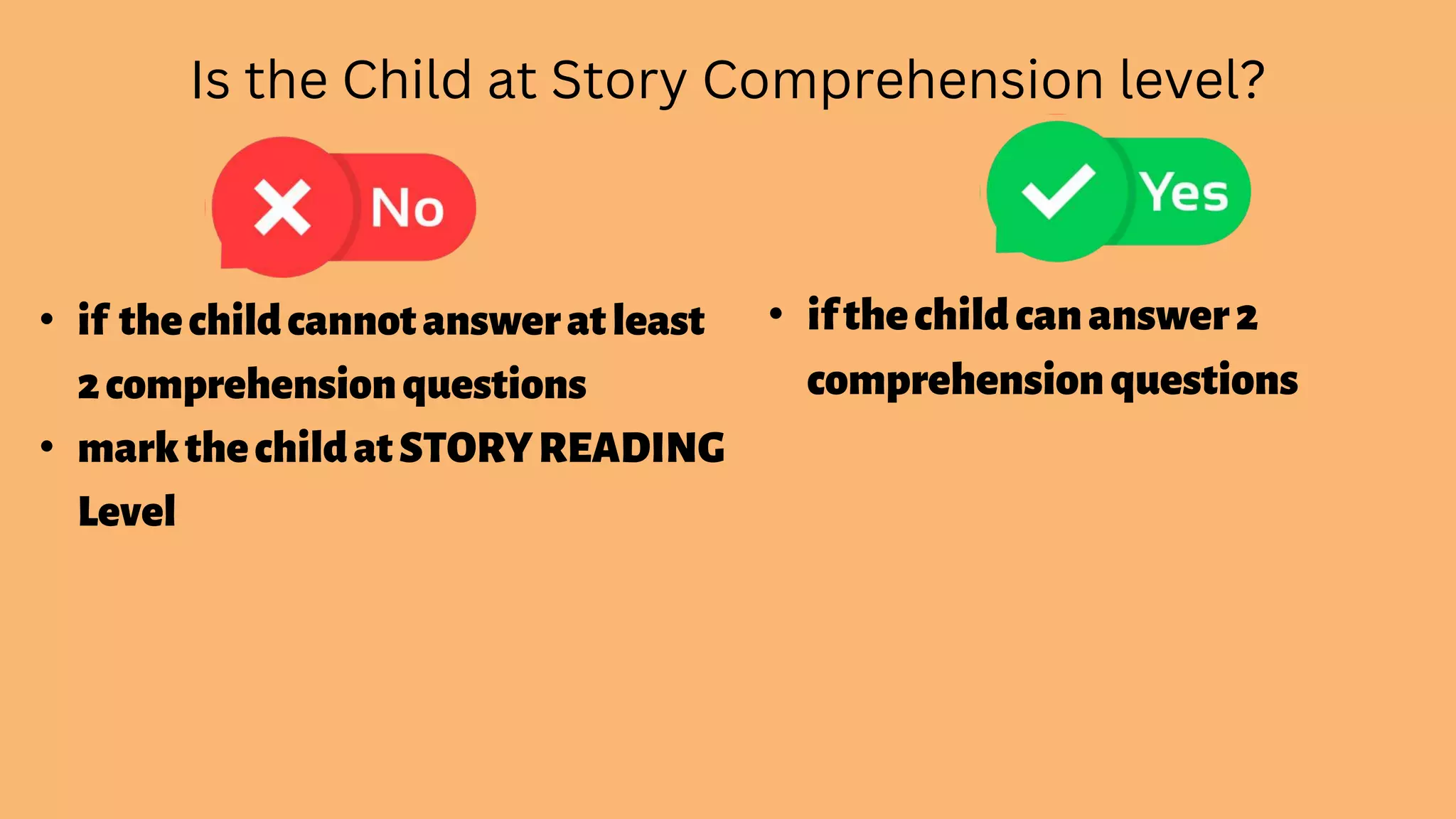 Is the Child at Story Comprehension level?
• if thechildcannotansweratleast
2comprehensionquestions
• markthechildatSTORYREADING
Level
• ifthechildcananswer2
comprehensionquestions
 