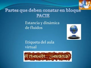 Partes que deben constar en bloque PACIEEstancia y dinámica de fluidos Etiqueta del aula virtual