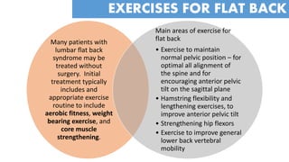 Many patients with
lumbar flat back
syndrome may be
treated without
surgery. Initial
treatment typically
includes and
appropriate exercise
routine to include
aerobic fitness, weight
bearing exercise, and
core muscle
strengthening.
Main areas of exercise for
flat back
• Exercise to maintain
normal pelvic position – for
optimal all alignment of
the spine and for
encouraging anterior pelvic
tilt on the sagittal plane
• Hamstring flexibility and
lengthening exercises, to
improve anterior pelvic tilt
• Strengthening hip flexors
• Exercise to improve general
lower back vertebral
mobility
EXERCISES FOR FLAT BACK
 
