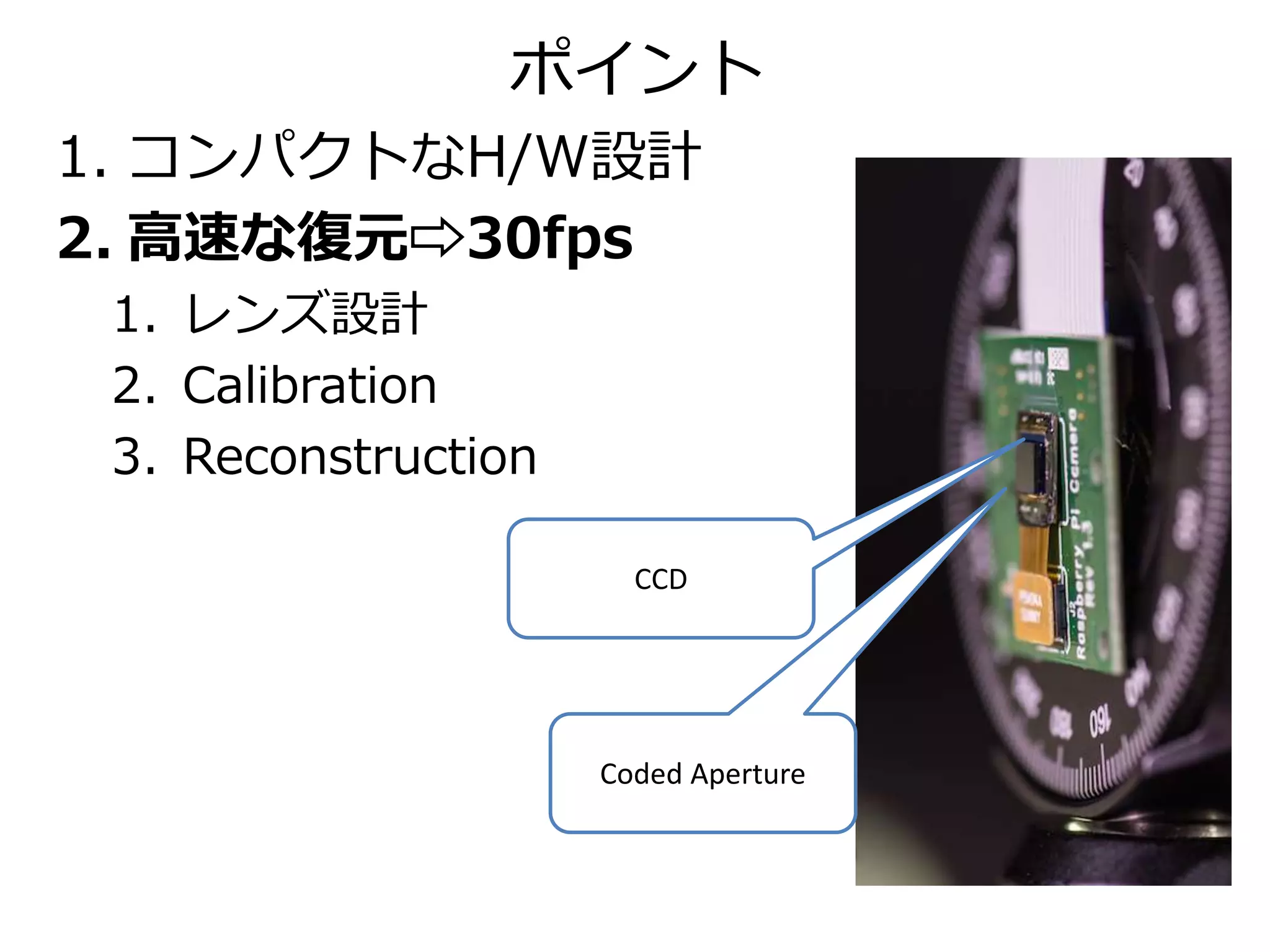 ポイント
1. コンパクトなH/W設計
2. 高速な復元⇨30fps
1. レンズ設計
2. Calibration
3. Reconstruction
CCD
Coded Aperture
 