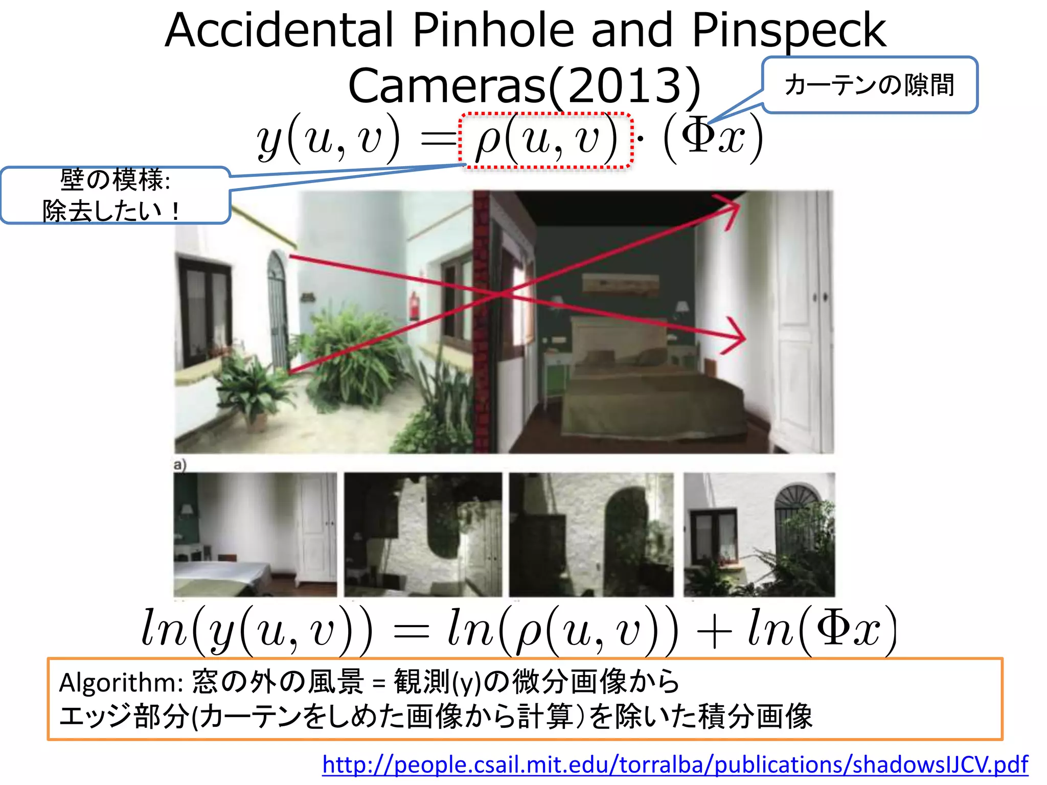 Accidental Pinhole and Pinspeck
Cameras(2013) カーテンの隙間
壁の模様:
除去したい！
http://people.csail.mit.edu/torralba/publications/shadowsIJCV.pdf
Algorithm: 窓の外の風景 = 観測(y)の微分画像から
エッジ部分(カーテンをしめた画像から計算）を除いた積分画像
 