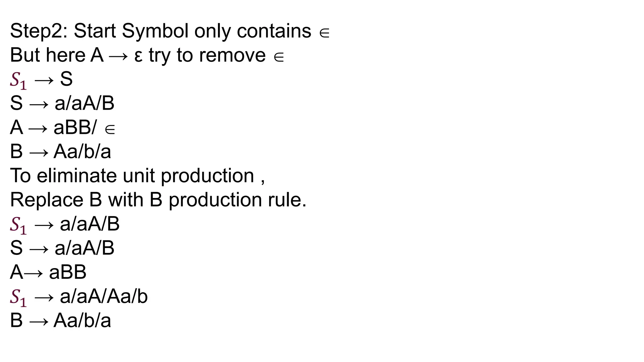 Step2: Start Symbol only contains 
But here A → ε try to remove 
𝑆1 → S
S → a/aA/B
A → aBB/ 
B → Aa/b/a
To eliminate unit production ,
Replace B with B production rule.
𝑆1 → a/aA/B
S → a/aA/B
A→ aBB
𝑆1 → a/aA/Aa/b
B → Aa/b/a
 