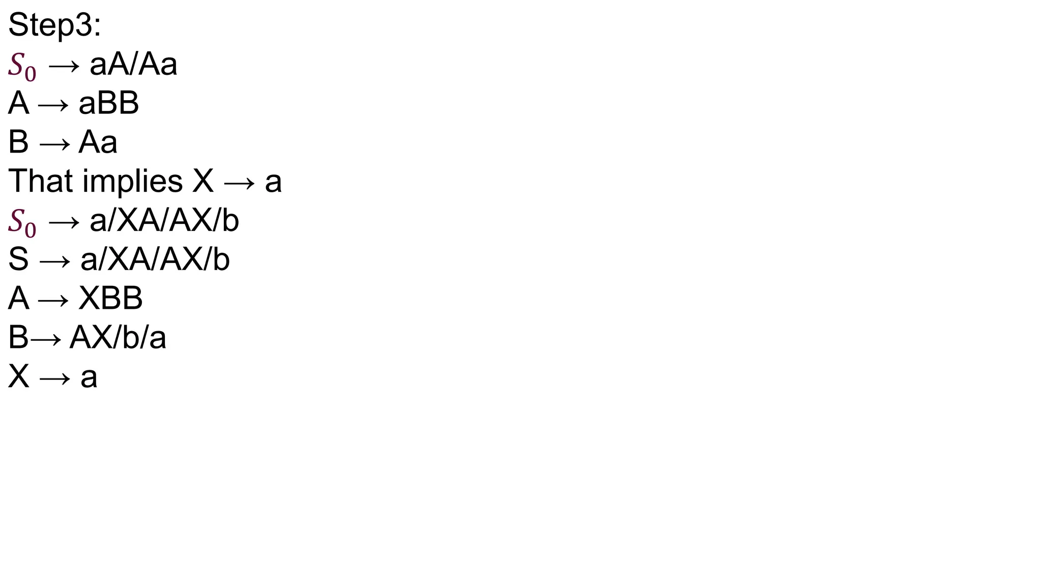 Step3:
𝑆0 → aA/Aa
A → aBB
B → Aa
That implies X → a
𝑆0 → a/XA/AX/b
S → a/XA/AX/b
A → XBB
B→ AX/b/a
X → a
 