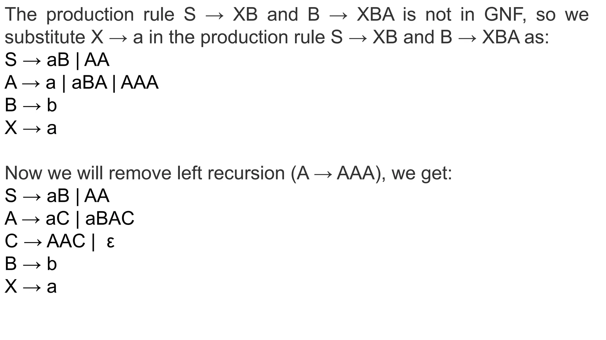 The production rule S → XB and B → XBA is not in GNF, so we
substitute X → a in the production rule S → XB and B → XBA as:
S → aB | AA
A → a | aBA | AAA
B → b
X → a
Now we will remove left recursion (A → AAA), we get:
S → aB | AA
A → aC | aBAC
C → AAC | ε
B → b
X → a
 