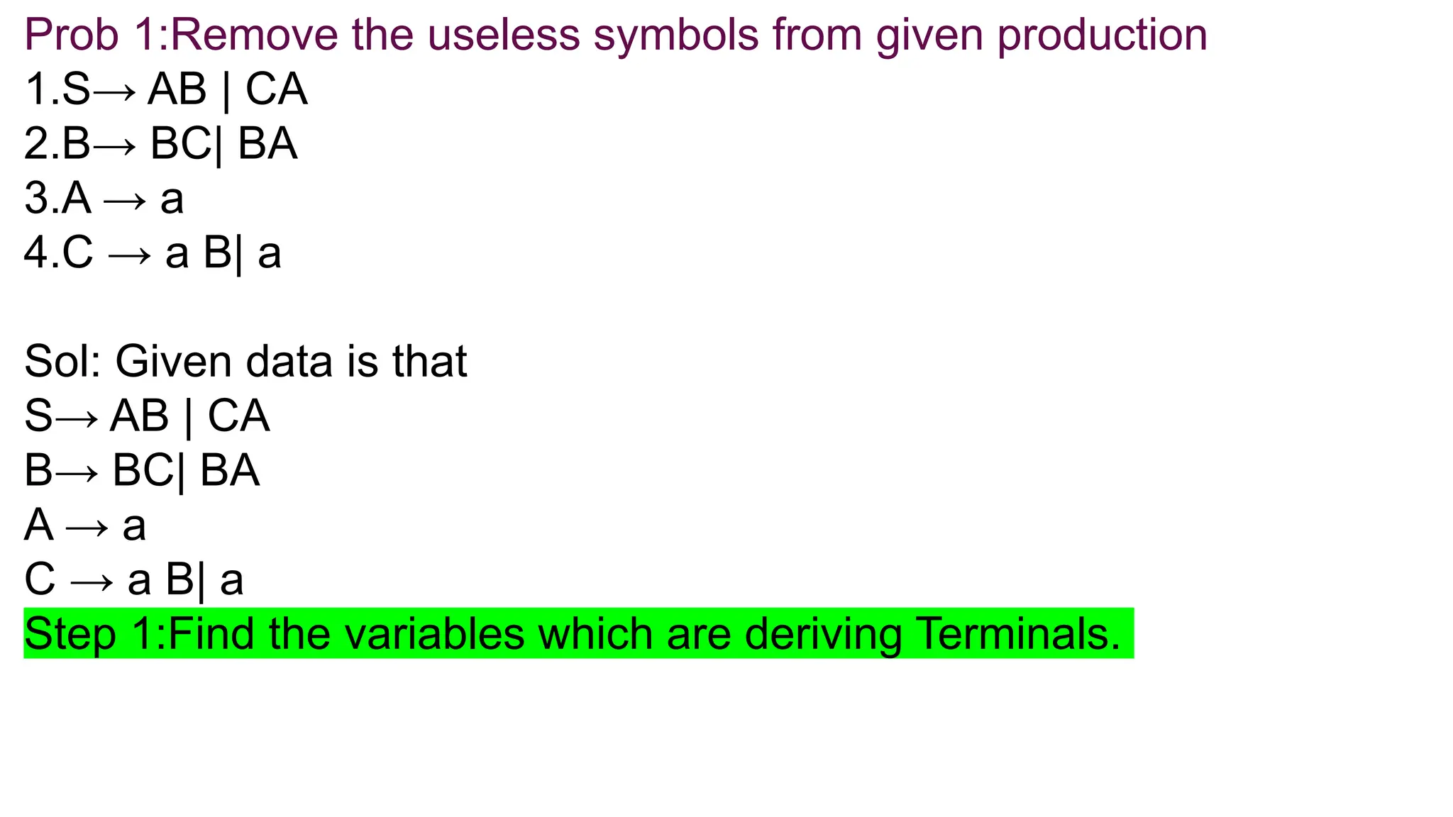 Prob 1:Remove the useless symbols from given production
1.S→ AB | CA
2.B→ BC| BA
3.A → a
4.C → a B| a
Sol: Given data is that
S→ AB | CA
B→ BC| BA
A → a
C → a B| a
Step 1:Find the variables which are deriving Terminals.
 