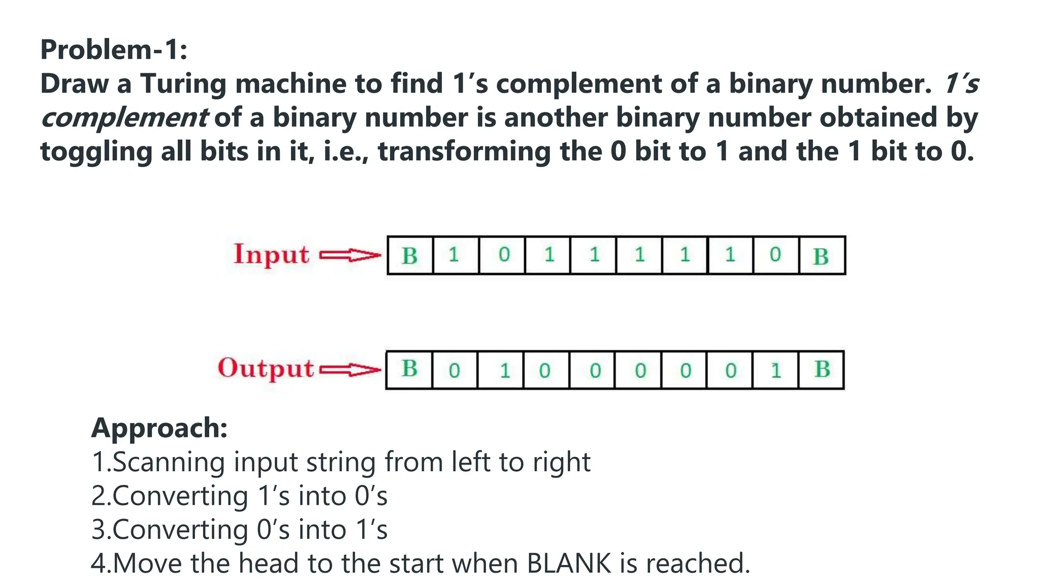 Problem-1:
Draw a Turing machine to find 1’s complement of a binary number. 1’s
complement of a binary number is another binary number obtained by
toggling all bits in it, i.e., transforming the 0 bit to 1 and the 1 bit to 0.
Approach:
1.Scanning input string from left to right
2.Converting 1’s into 0’s
3.Converting 0’s into 1’s
4.Move the head to the start when BLANK is reached.
 