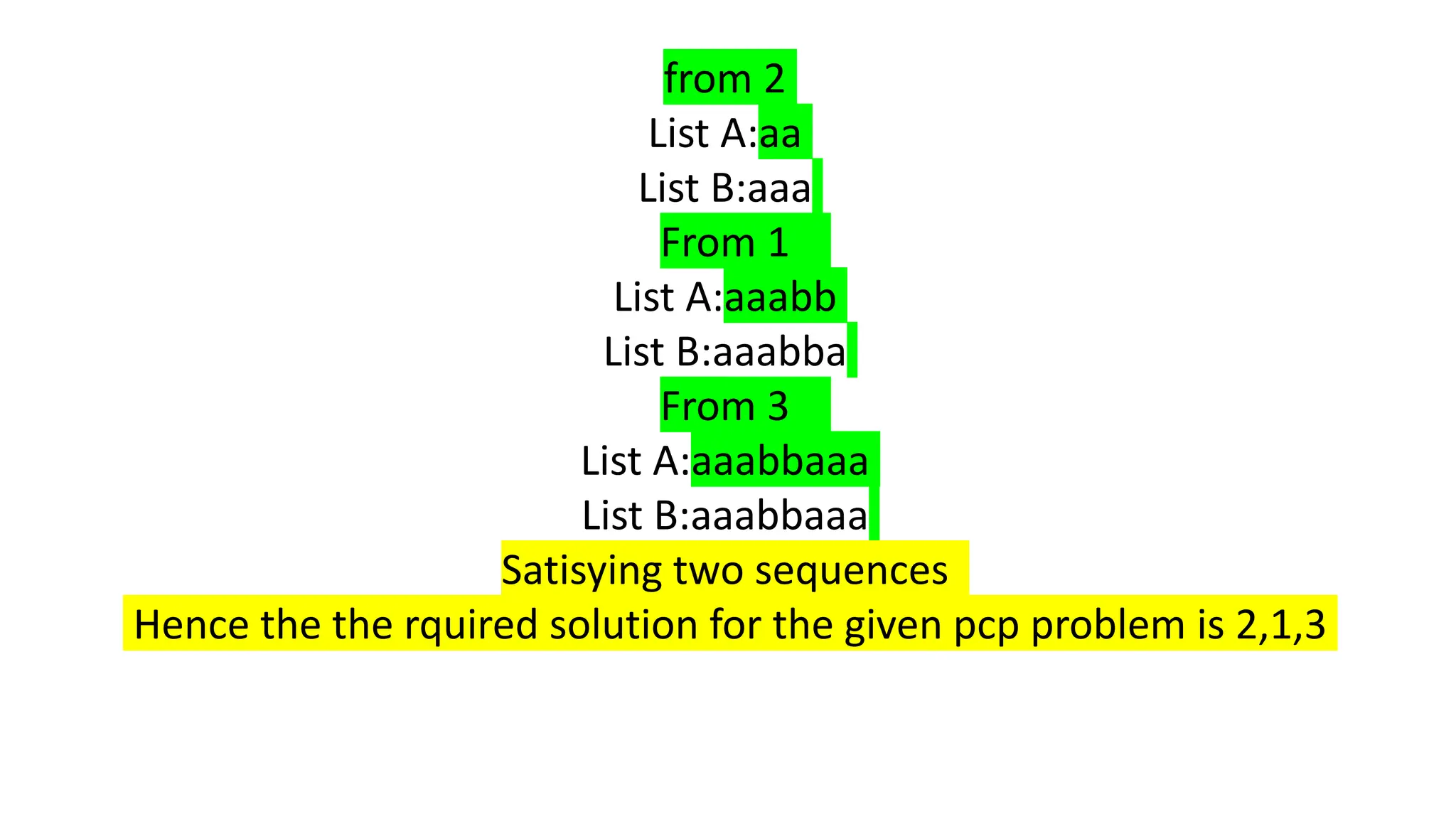 from 2
List A:aa
List B:aaa
From 1
List A:aaabb
List B:aaabba
From 3
List A:aaabbaaa
List B:aaabbaaa
Satisying two sequences
Hence the the rquired solution for the given pcp problem is 2,1,3
 