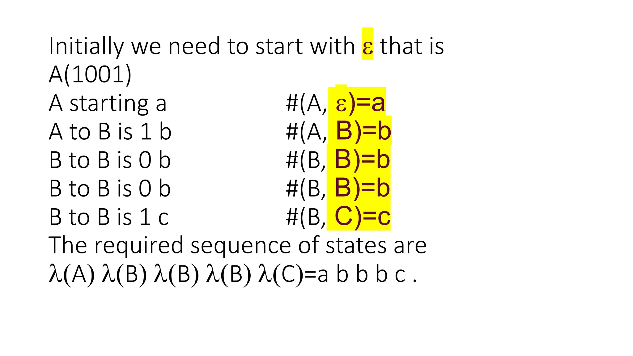 Initially we need to start with  that is
A(1001)
A starting a #(A, )=a
A to B is 1 b #(A, B)=b
B to B is 0 b #(B, B)=b
B to B is 0 b #(B, B)=b
B to B is 1 c #(B, C)=c
The required sequence of states are
A B B B C=a b b b c .
 