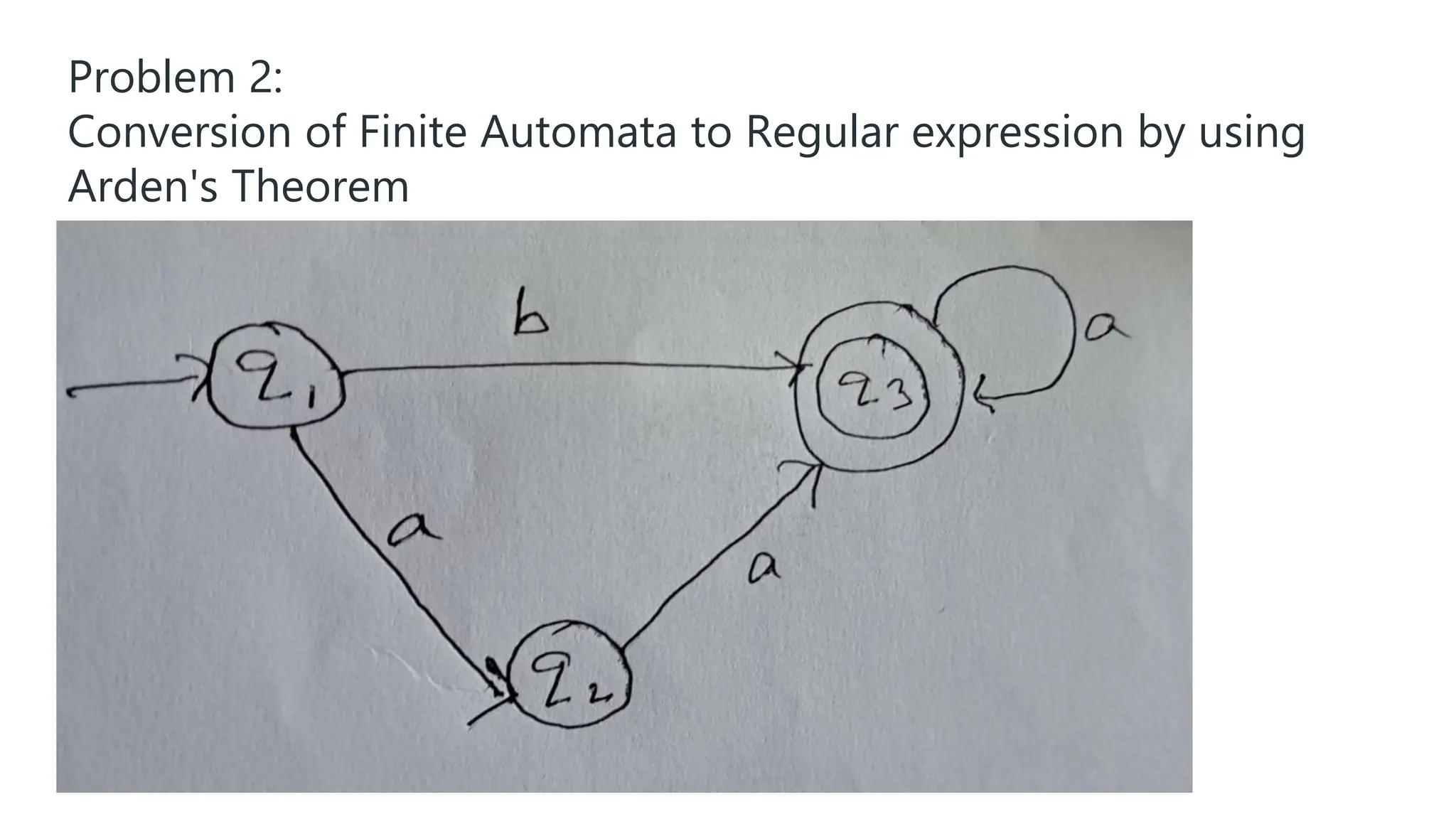 Problem 2:
Conversion of Finite Automata to Regular expression by using
Arden's Theorem
 