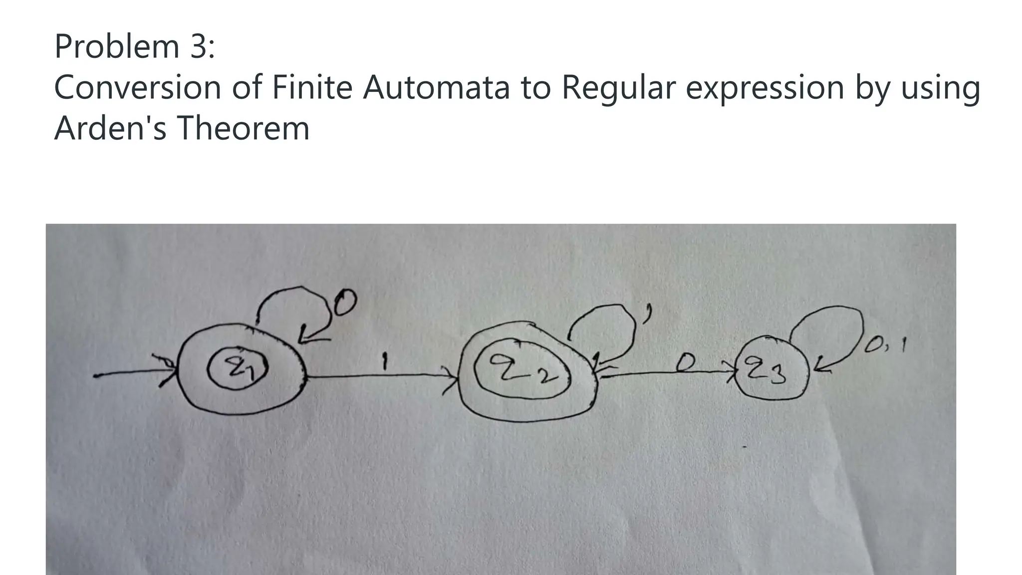 Problem 3:
Conversion of Finite Automata to Regular expression by using
Arden's Theorem
 