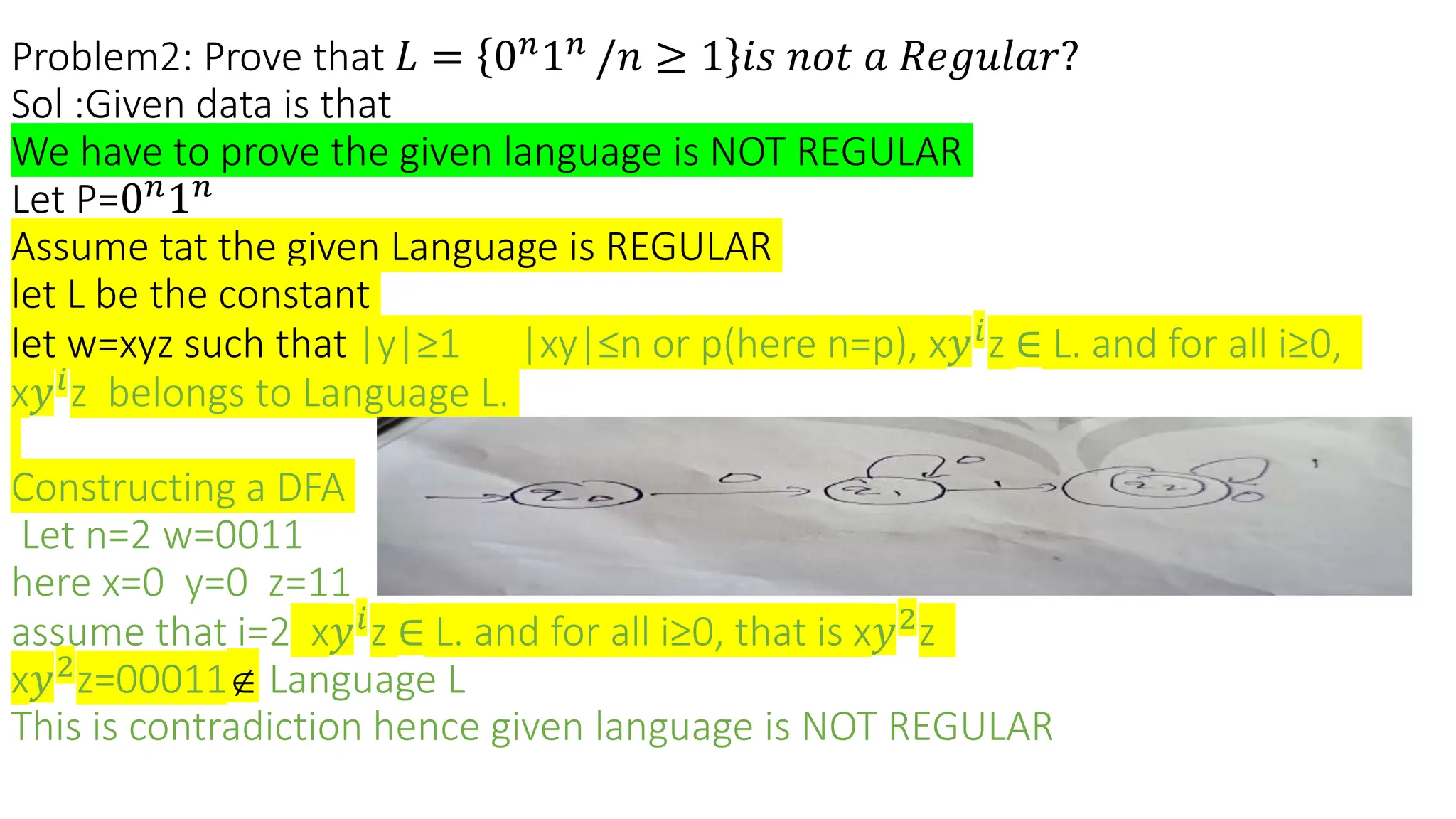 Problem2: Prove that 𝐿 = 0𝑛
1𝑛
/𝑛 ≥ 1 𝑖𝑠 𝑛𝑜𝑡 𝑎 𝑅𝑒𝑔𝑢𝑙𝑎𝑟?
Sol :Given data is that
We have to prove the given language is NOT REGULAR
Let P=0𝑛
1𝑛
Assume tat the given Language is REGULAR
let L be the constant
let w=xyz such that |y|≥1 |xy|≤n or p(here n=p), x𝑦𝑖
z ∈ L. and for all i≥0,
x𝑦𝑖
z belongs to Language L.
Constructing a DFA
Let n=2 w=0011
here x=0 y=0 z=11
assume that i=2 x𝑦𝑖
z ∈ L. and for all i≥0, that is x𝑦2
z
x𝑦2
z=00011 Language L
This is contradiction hence given language is NOT REGULAR
 