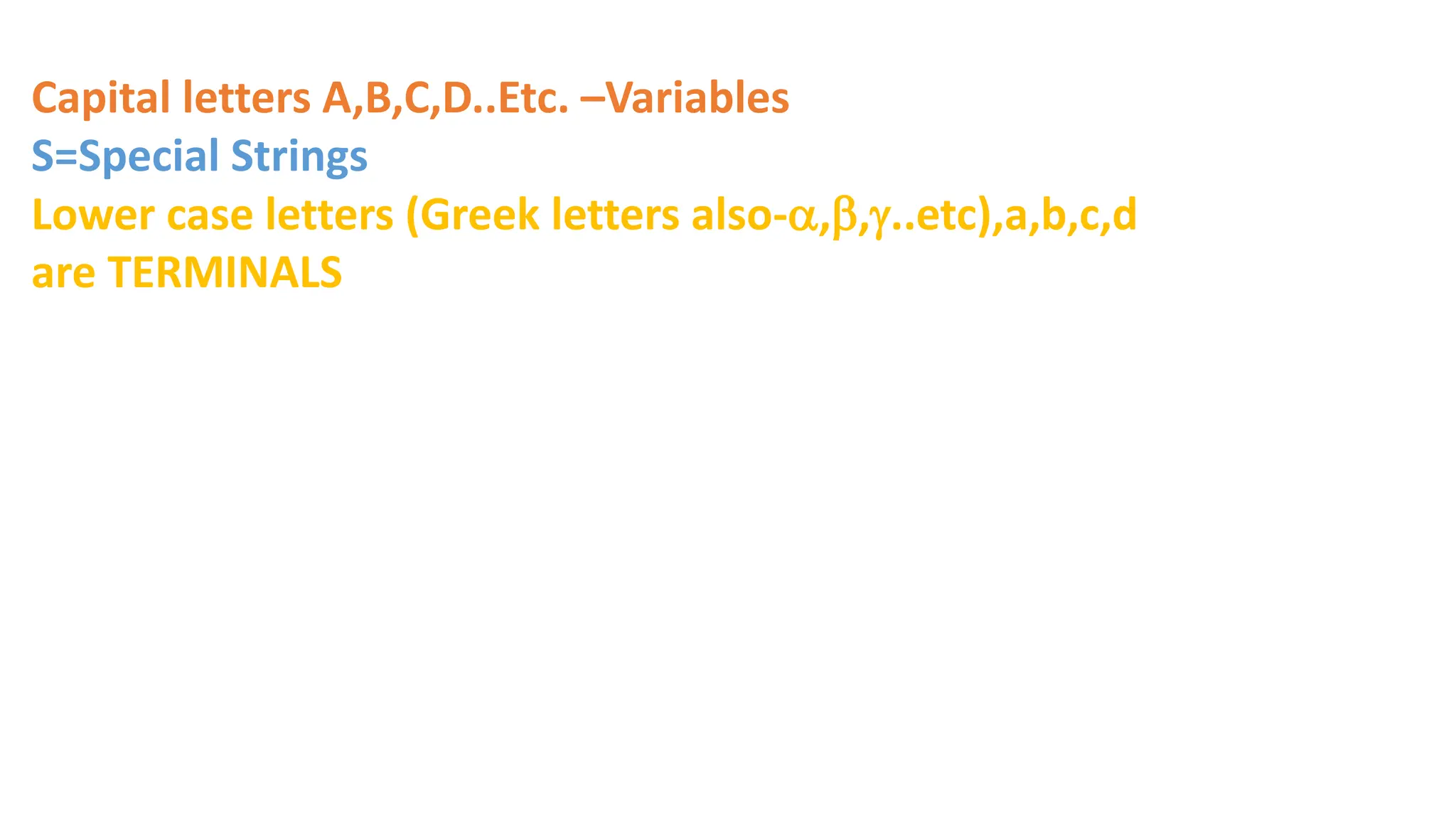 Capital letters A,B,C,D..Etc. –Variables
S=Special Strings
Lower case letters (Greek letters also-,,..etc),a,b,c,d
are TERMINALS
 