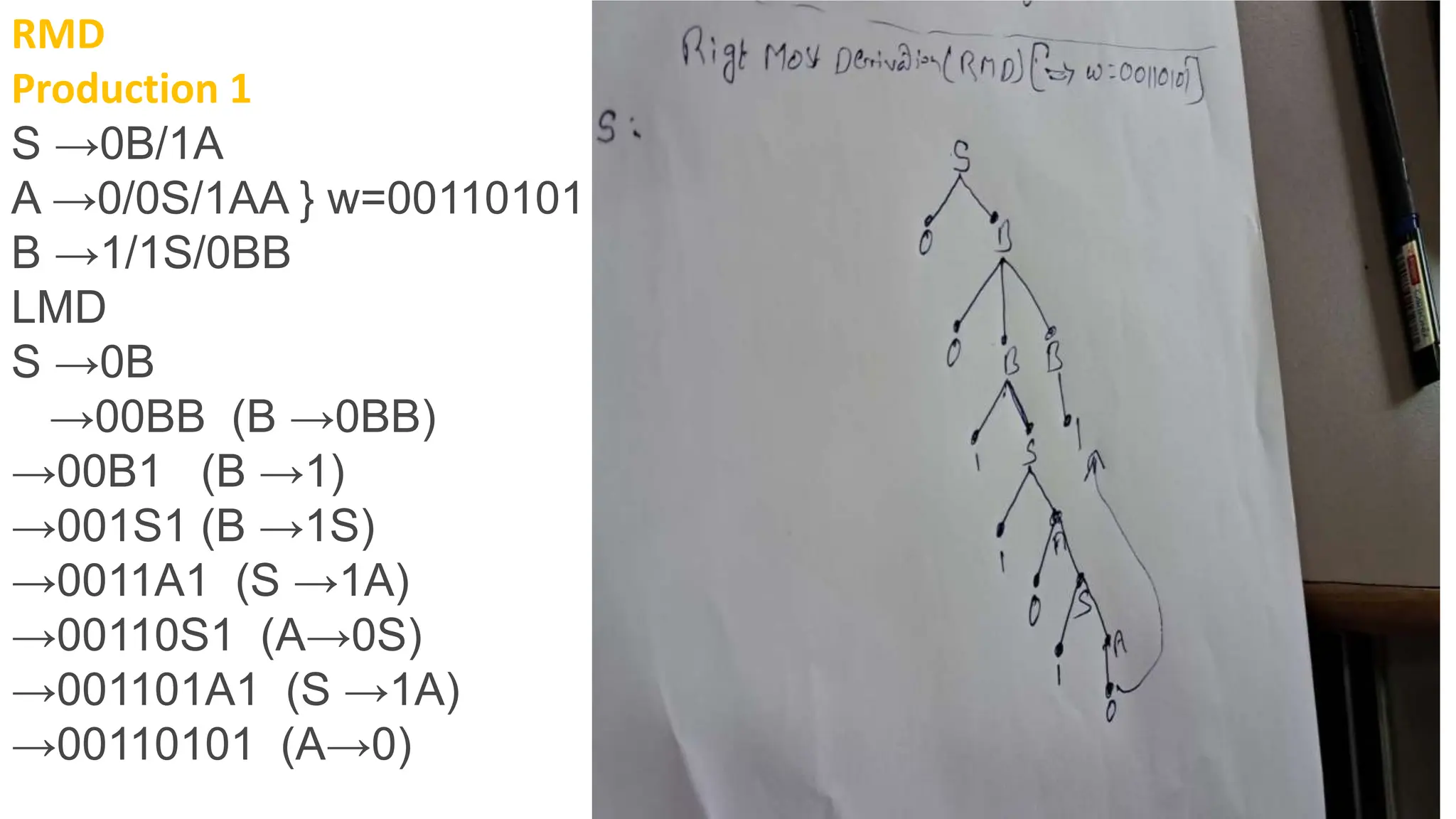 RMD
Production 1
S →0B/1A
A →0/0S/1AA } w=00110101
B →1/1S/0BB
LMD
S →0B
→00BB (B →0BB)
→00B1 (B →1)
→001S1 (B →1S)
→0011A1 (S →1A)
→00110S1 (A→0S)
→001101A1 (S →1A)
→00110101 (A→0)
 