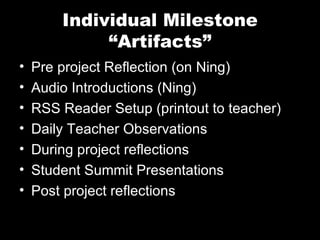 Individual Milestone “Artifacts” Pre project Reflection (on Ning) Audio Introductions (Ning) RSS Reader Setup (printout to teacher) Daily Teacher Observations During project reflections Student Summit Presentations Post project reflections 
