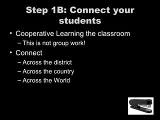 Step 1B: Connect your students Cooperative Learning the classroom This is not group work! Connect Across the district Across the country Across the World 