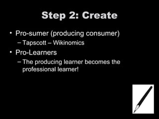 Step 2: Create Pro-sumer (producing consumer) Tapscott – Wikinomics Pro-Learners The producing learner becomes the professional learner! 