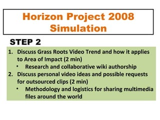 Horizon Project 2008 Simulation <ul><li>Discuss Grass Roots Video Trend and how it applies to Area of Impact (2 min) </li>...