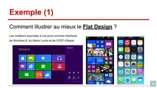 Exemple (1)
Comment illustrer au mieux le Flat Design ?
Les meilleurs exemples à nos jours sont les interfaces
de Windows 8, du Nokia Lumia et de l’iOS7 d’Apple.

6

 
