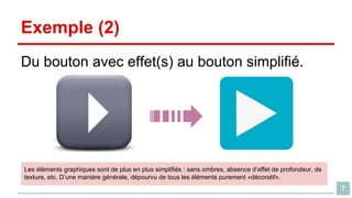 Exemple (2)
Du bouton avec effet(s) au bouton simplifié.

Les éléments graphiques sont de plus en plus simplifiés : sans ombres, absence d’effet de profondeur, de
texture, etc. D’une manière générale, dépourvu de tous les éléments purement «décoratif».

7

 