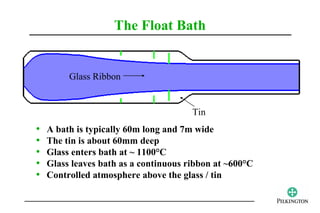 The Float Bath


         Glass Ribbon


                                       Tin
•   A bath is typically 60m long and 7m wide
•   The tin is about 60mm deep
•   Glass enters bath at ~ 1100°C
•   Glass leaves bath as a continuous ribbon at ~600°C
•   Controlled atmosphere above the glass / tin
 