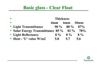 Basic glass - Clear Float

•                              Thickness
•                           4mm 6mm 10mm
•   Light Transmittance       90 % 88 % 87%
•   Solar Energy Transmittance 85 % 82 % 78%
•   Light Reflectance          8% 8%      8%
•   Heat - ‘U’ value W/m2     5.8    5.7 5.6
 