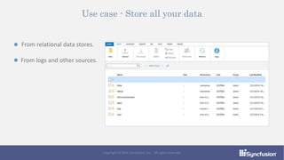 Use case - Store all your data
From relational data stores.
From logs and other sources.
Copyright © 2016 Syncfusion, Inc. All rights reserved.
 