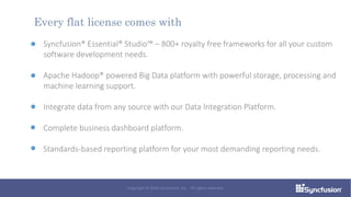 Syncfusion® Essential® Studio™ – 800+ royalty free frameworks for all your custom
software development needs.
Apache Hadoop® powered Big Data platform with powerful storage, processing and
machine learning support.
Integrate data from any source with our Data Integration Platform.
Complete business dashboard platform.
Standards-based reporting platform for your most demanding reporting needs.
Every flat license comes with
Copyright © 2016 Syncfusion, Inc. All rights reserved.
 