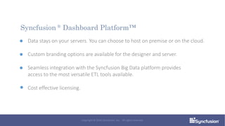 Data stays on your servers. You can choose to host on premise or on the cloud.
Custom branding options are available for the designer and server.
Seamless integration with the Syncfusion Big Data platform provides
access to the most versatile ETL tools available.
Cost effective licensing.
Syncfusion ® Dashboard Platform™
Copyright © 2016 Syncfusion, Inc. All rights reserved.
 