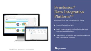 Syncfusion®
Data Integration
Platform™
Bring data from any source together. Easily.
Powerful visual interface.
Easily integrates with the Syncfusion Big Data
and Dashboard Platforms.
Save millions in licensing and maintenance costs
over comparable solutions.
Copyright © 2016 Syncfusion, Inc. All rights reserved.
 