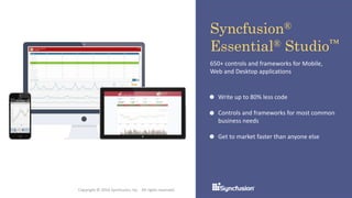 Syncfusion®
Essential® Studio™
650+ controls and frameworks for Mobile,
Web and Desktop applications
Write up to 80% less code
Controls and frameworks for most common
business needs
Get to market faster than anyone else
Copyright © 2016 Syncfusion, Inc. All rights reserved.
 