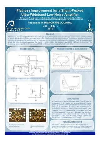 Flatness Improvement for a Shunt-Peaked
                    Ultra-Wideband Low Noise Amplifier
                           H. Garcia-Vazquez, S. L. Khemchandani, J. Arias-Perez and J. del Pino,
                                                                                                	

                 Dep. Ingeniería Electrónica y Automática / Instituto Universitario de Microelectrónica Aplicada (IUMA), Universidad de Las Palmas de Gran Canaria, Spain.



                                              Publicated in MICROWAVE JOURNAL
                                                           vol. --, pp. --,
                                                               2010

                                                                                   Abstract
Abstract−A novel configuration to achieve flat gain in wideband low noise amplifiers is presented. It is composed by
a conventional shunt-peaking resistor decoupled from the cascode stage through a capacitor. A trade-off between
the voltage headroom and bandwidth is obtained improving the traditional shunt-peaking load. As example, two
LNAs for ultra-wideband operating for mode I (3.1-4.8 GHz) are designed in CMOS 0.35 mm technology. The
measured power gain is fairly flat around 10 dB for frequencies ranging from 3.1 to 5 GHz.


                           Feedback LNA	

                                                                   Measurements & Simulations




                                                                                                Fig. 5 Measured S-parameters for LNA with       Fig. 6 Insertion gain (S21) simulation for
                                                                                                modified shunt-peaking and shunt-peaking        different LL inductance using conventional
                                                                                                load.                                           shunt-peaking.




Fig. 1Wideband LNA simplified schematic with a wideband input impedance matching.




                                          0




                                                                                                       Fig. 7 Measured NF for LNA with modified shunt-peaking and shuntpeaking load.

                                                                                                                                     Figure 5. S11.



                                                                                                                                   Conclusions
                                                                                                  In this paper, a novel wideband load configuration is
    Fig. 2 Conventional shunt peaking load (a), modified shunt peaking load (b).                  presented. It is based on a conventional shunt-
                                                                                                  peaking resistor decoupled from the cascode stage
                                                                                                  through a capacitor. It offers the advantages of
                                                                                                  broadband operation and substantially higher gain
                                                                                                  flatness than a conventional shunt-peaking load. Its
                                                                                                  practical implementation in a standard low cost 0.35
                                                                                                  µm process was discussed and verified. The
                                                                                                  presented results make the LNA design suitable for
                                                                                                  the 3.1 to 4.8 GHz UWB frequency range

                                                                                                                          Acknowledgement
Fig. 3 Microphotograph of the LNA
                                                Fig. 4 Microphotograph of the                    This work is partially supported by the Spanish Ministry of
with shunt peaking load.                        LNA with modified shunt-peaking                  Science and Innovation (TEC2008-06881-C03-01) and the spanish
                                                load
                                                                                                 Ministry of Industry, Tourism and Trade (TSI-020400-2008-71).


                                              INSTITUTO UNIVERSITARIO DE MICROELECTRÓNICA APLICADA (IUMA)
                                                   UNIVERSIDAD DE LAS PALMAS DE GRAN CANARIA (ULPGC)
 