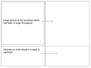 Interview or main article in a easy to read font.  Large picture of the band/star which has been in large throughout.  