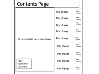 Contents Page
                                                     Page
                                     Title of page   number

                                                     Page
                                     Title of page   number

                                                     Page
                                     Title of page   number


                                                     Page
                                     Title of page   number


                                                     Page
Picture of artist been interviewed   Title of page   number


                                                     Page
                                     Title of page   number


                                                     Page
                                     Title of page   number


                                                     Page
Page                                 Title of page   number
number of
interview                                            Page
                                     Title of page   number
 