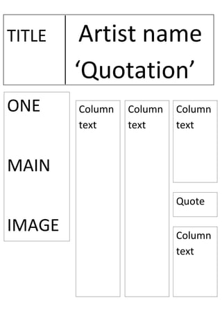 TITLE    Artist name
        ‘Quotation’
ONE     Column   Column   Column
        text     text     text


MAIN
                          Quote

IMAGE                     Column
                          text
 