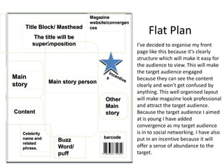 Title Block/ Masthead

Magazine
website/convergen
ces

The title will be
superimposition

Main
story

Main story person
Other
Main
story

Content

Celebrity
name and
related
phrase.

Buzz
Word/
puff

barcode

Flat Plan
I’ve decided to organise my front
page like this because it’s clearly
structure which will make it easy for
the audience to view. This will make
the target audience engaged
because they can see the content
clearly and won’t get confused by
anything. This well organised layout
will make magazine look professional
and attract the target audience.
Because the target audience I aimed
at is young I have added
convergence as my target audience
is in to social networking. I have also
put in an incentive because it will
offer a sense of abundance to the
target.

 